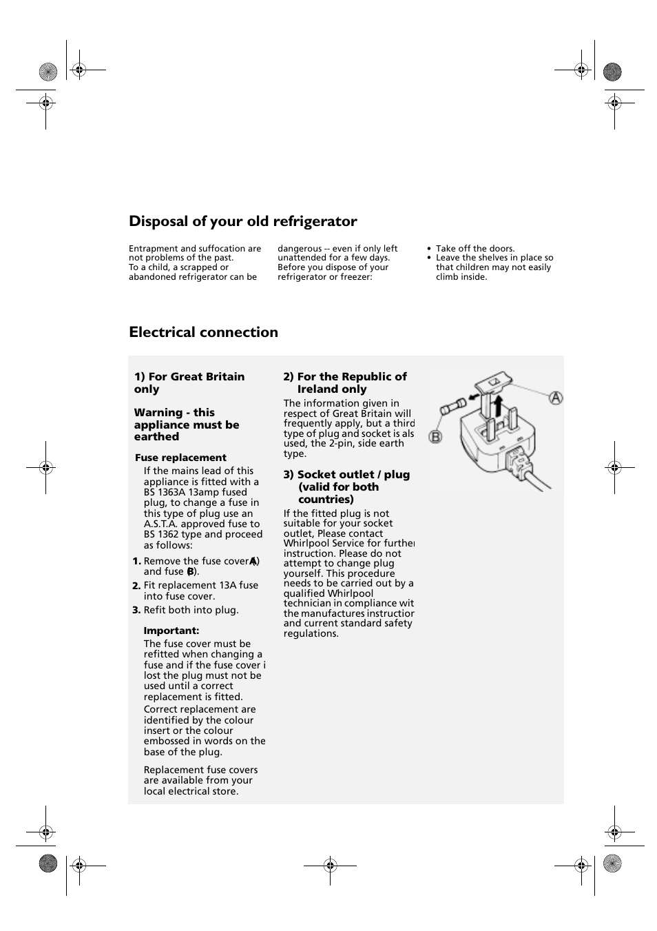 Disposal of your old refrigerator, Electrical connection | Whirlpool KSDN 5061/A User Manual | Page 23 / 23