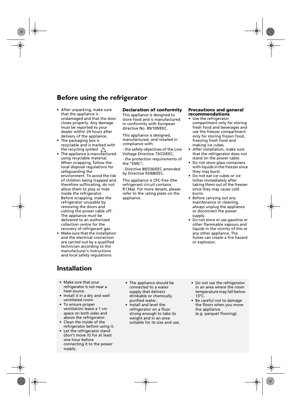 Before using the refrigerator, Installation | Whirlpool KSDN 5061/A User Manual | Page 5 / 23