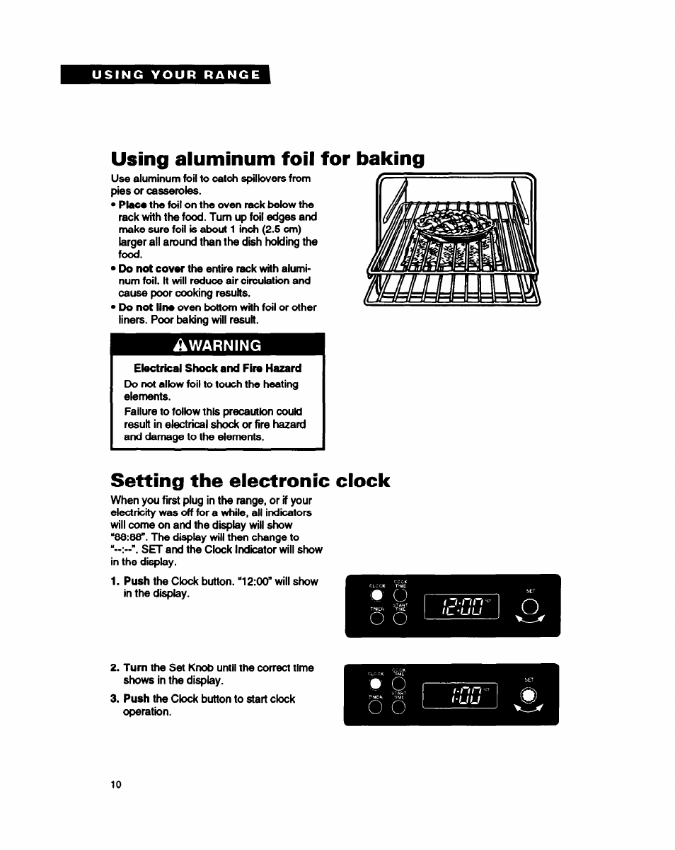 Using aluminum foil for baking, Mmumm, Setting the electronic clock | Whirlpool FEP350Y User Manual | Page 10 / 30