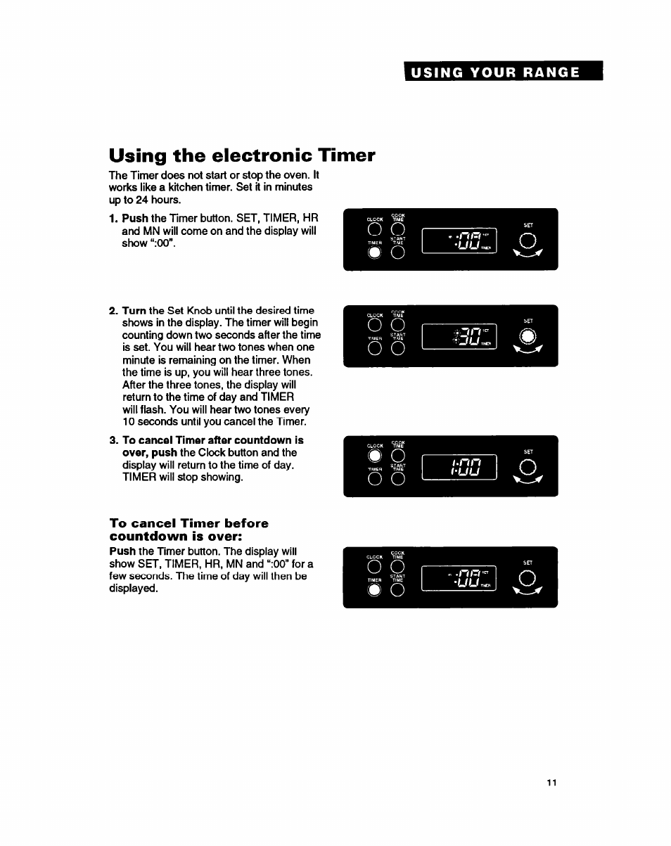 Using the electronic timer, To cancel timer before countdown is over | Whirlpool FEP350Y User Manual | Page 11 / 30
