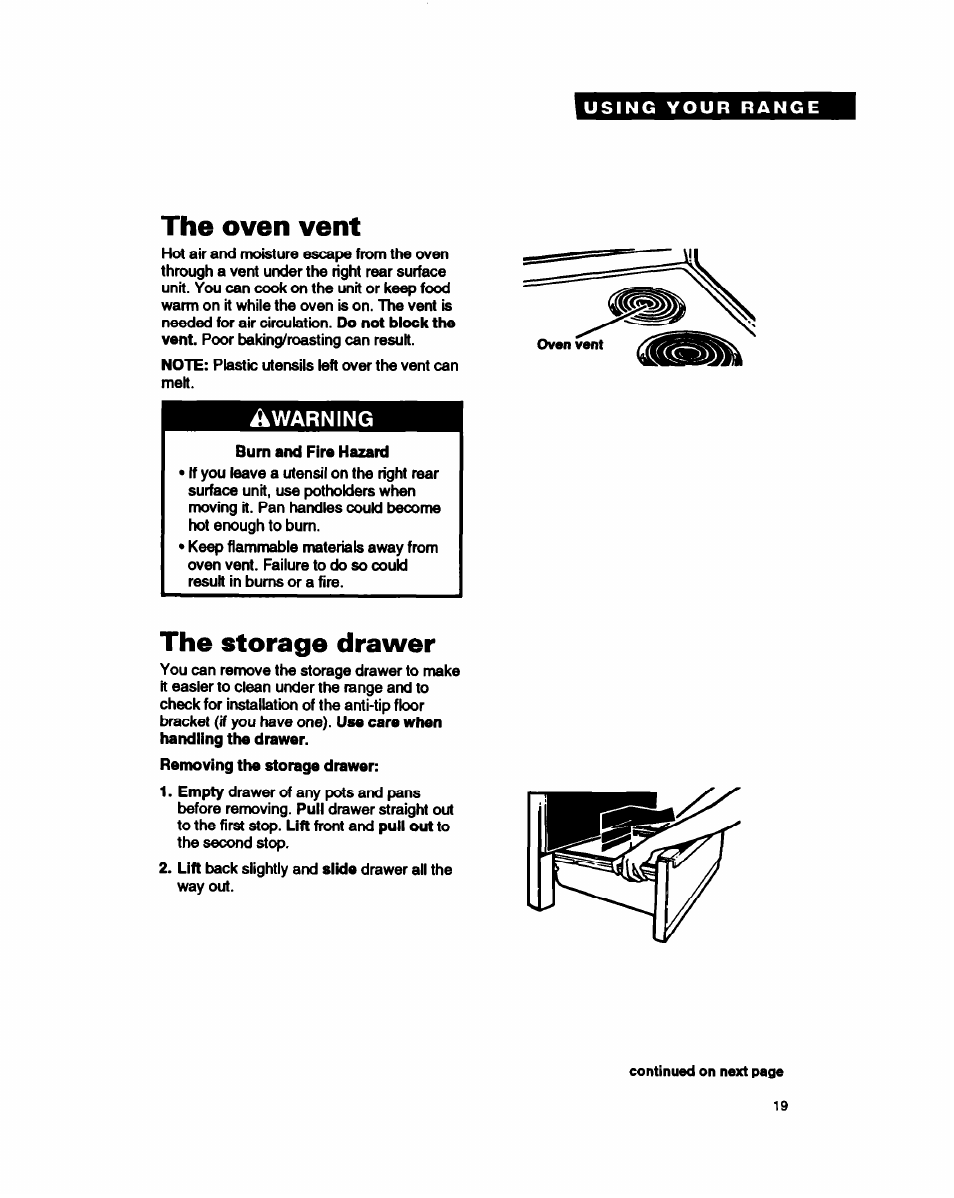 The oven vent, The storage drawer, Warning | Whirlpool FEP350Y User Manual | Page 19 / 30