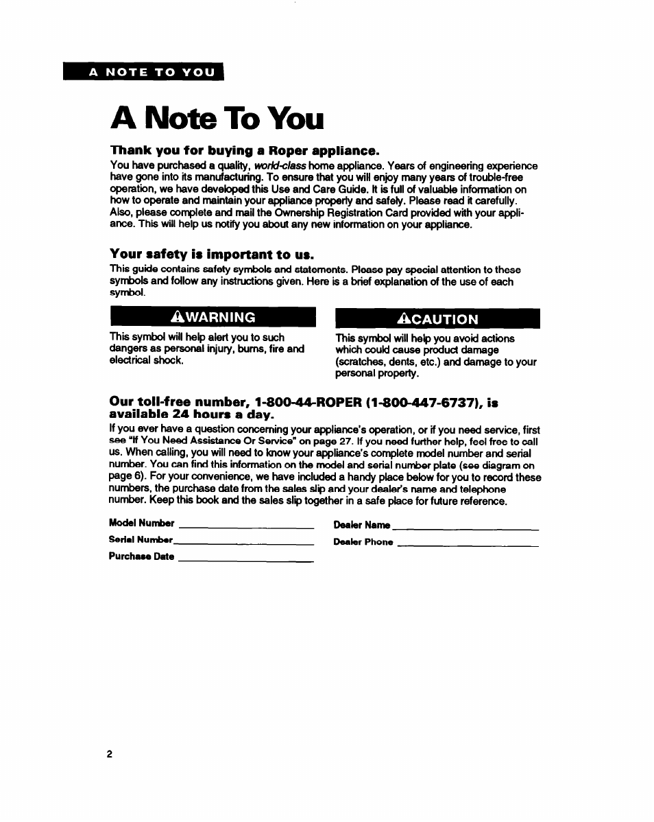 A note to you, Thank you for buying a roper appliance, Your safety is important to us | Whirlpool FEP350Y User Manual | Page 2 / 30