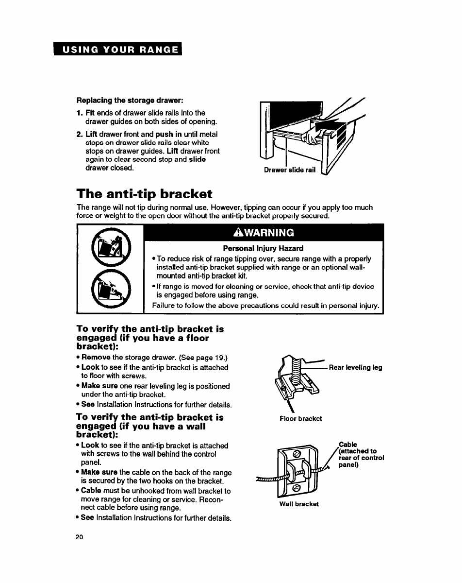 The anti-tip bracket | Whirlpool FEP350Y User Manual | Page 20 / 30