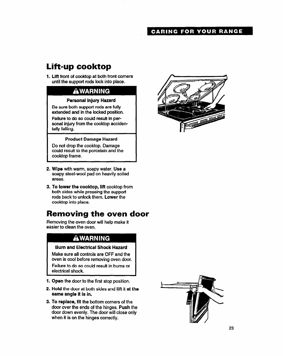 Lift-up cooktop, Removing the oven door, Warning | Whirlpool FEP350Y User Manual | Page 23 / 30
