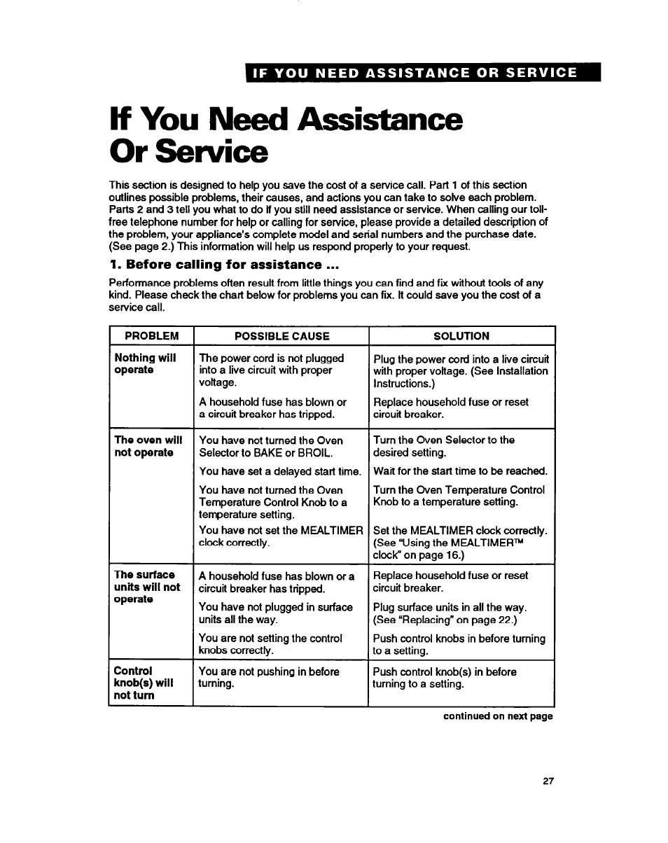 If you need assistance or service, Before calling for assistance | Whirlpool FEP350Y User Manual | Page 27 / 30