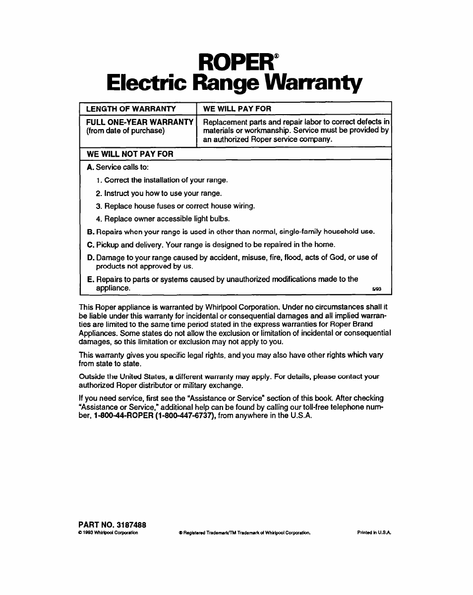 Roper, Electric range warranty, Roper electric range warranty | Whirlpool FEP350Y User Manual | Page 30 / 30