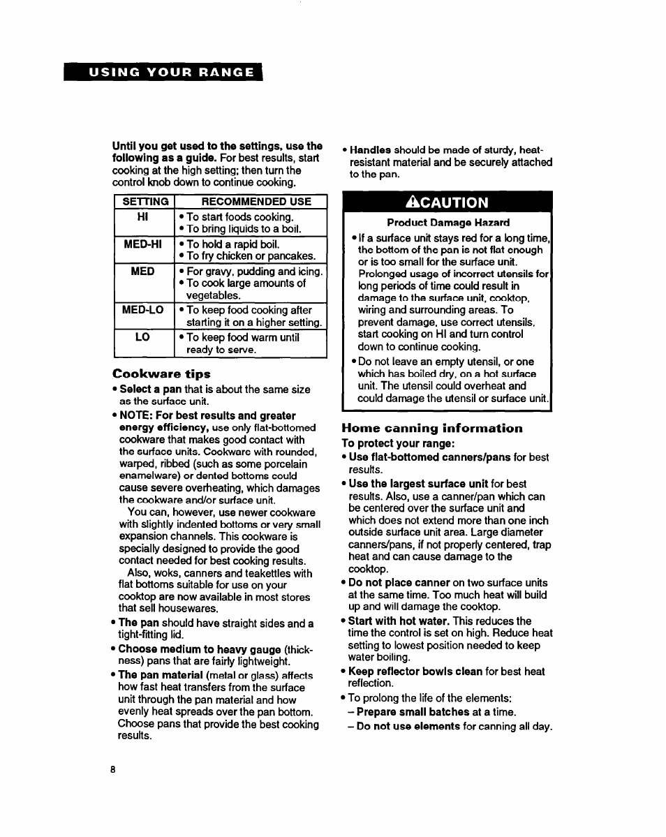 Cookware tips, Home canning information | Whirlpool FEP350Y User Manual | Page 8 / 30