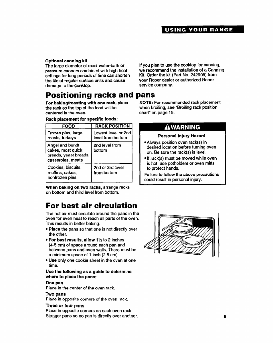 Positioning racks and pans, For best air circulation | Whirlpool FEP350Y User Manual | Page 9 / 30
