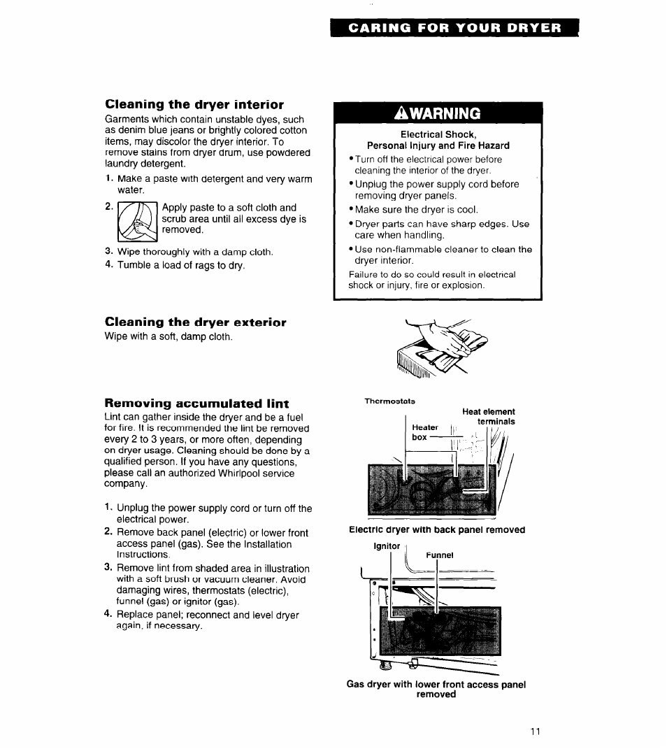 Cleaning the dryer interior, Cleaning the dryer exterior, Removing accumulated lint | Warning | Whirlpool COMPACT DRYERS User Manual | Page 11 / 20