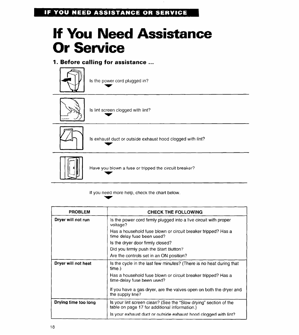 If you need assistance or service, Before calling for assistance | Whirlpool COMPACT DRYERS User Manual | Page 18 / 20