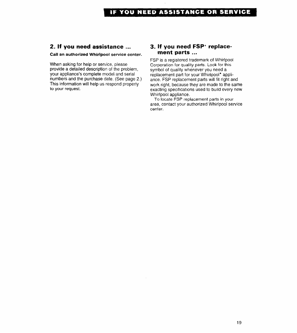 If you need assistance, If you need fsp* replacement parts | Whirlpool COMPACT DRYERS User Manual | Page 19 / 20