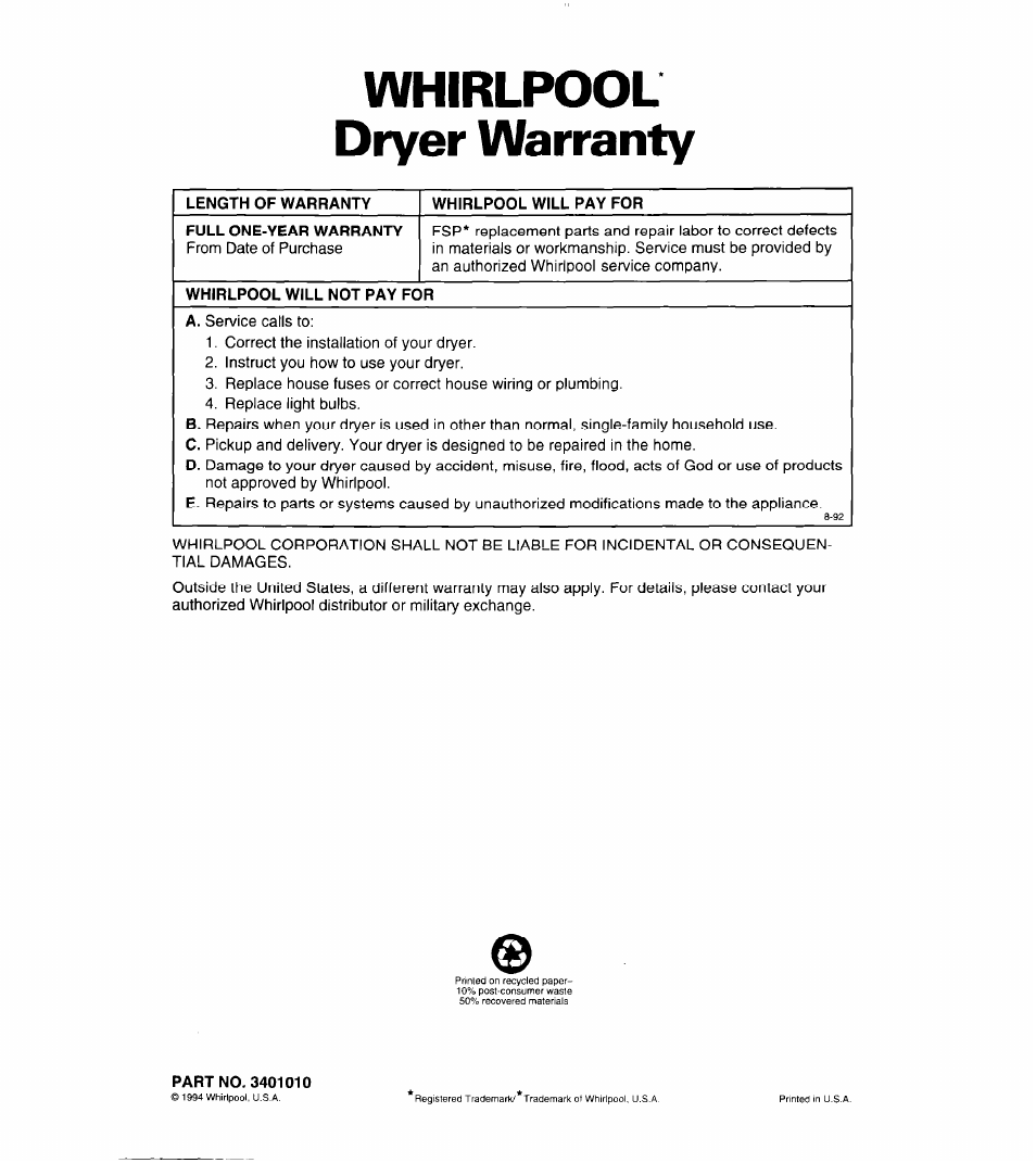 Whirlpool dryer warranty | Whirlpool COMPACT DRYERS User Manual | Page 20 / 20