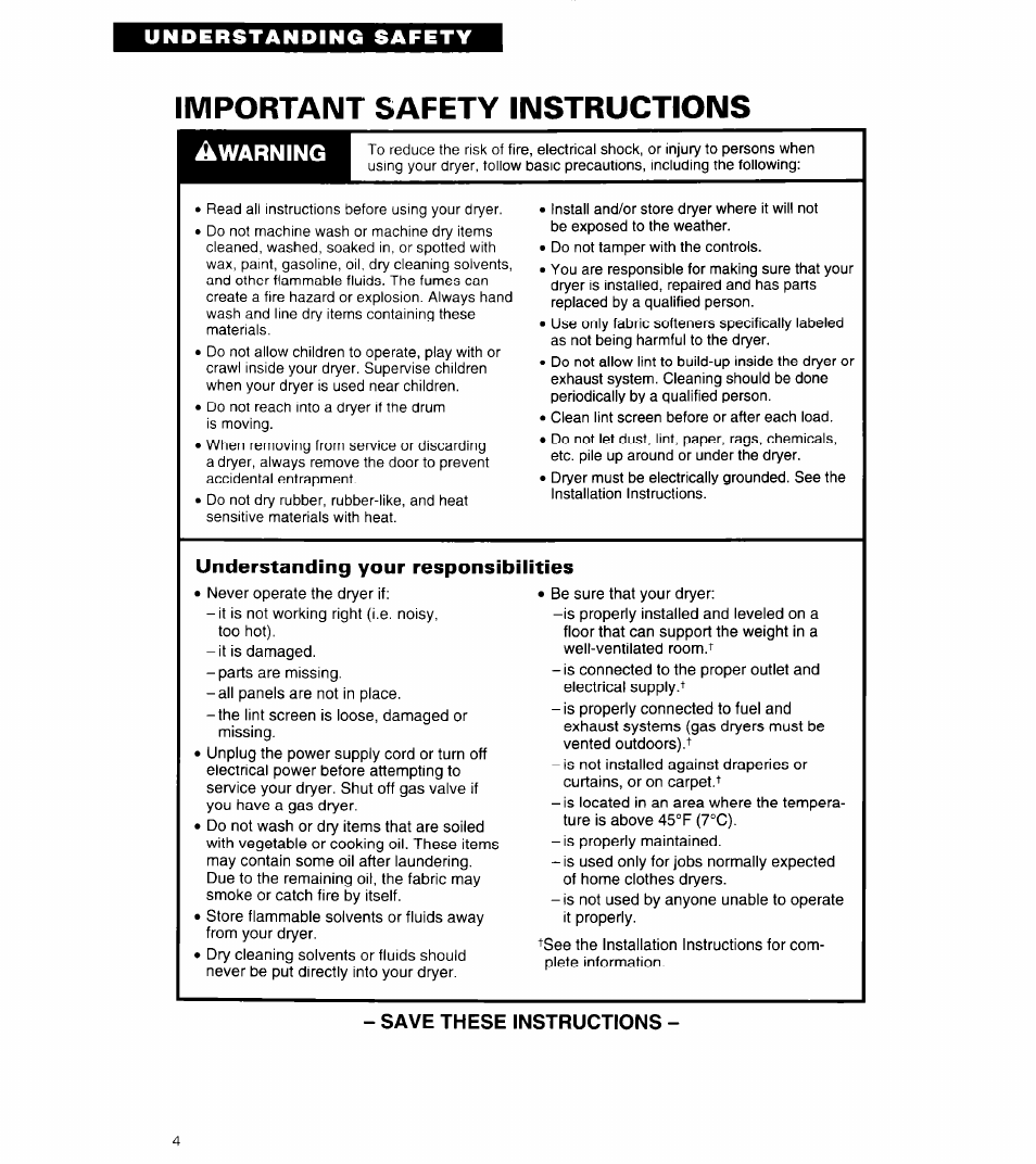 Important safety instructions, Understanding your responsibilities, Save these instructions | Warning | Whirlpool COMPACT DRYERS User Manual | Page 4 / 20