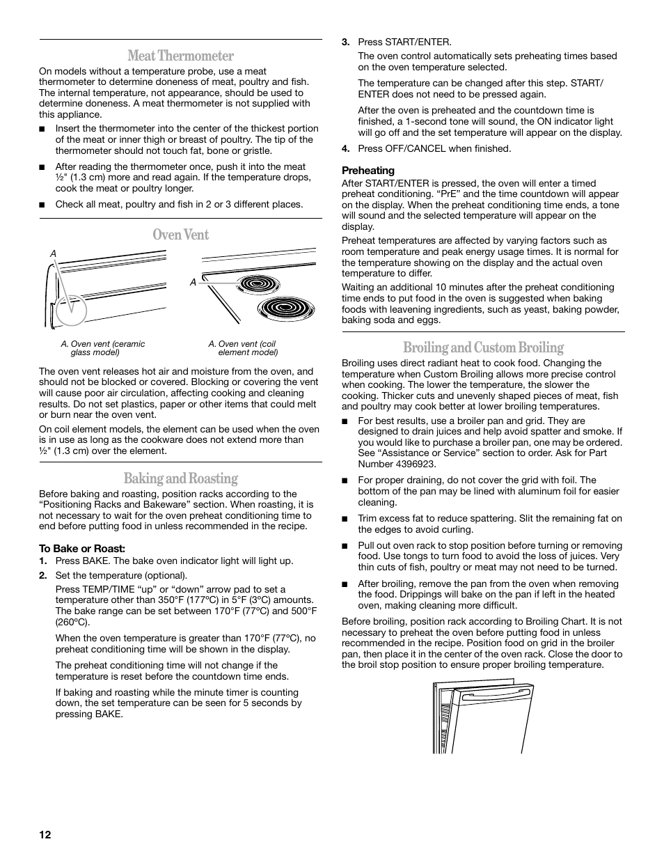Meat thermometer, Oven vent, Baking and roasting | Broiling and custom broiling | Whirlpool 9762358A User Manual | Page 12 / 20