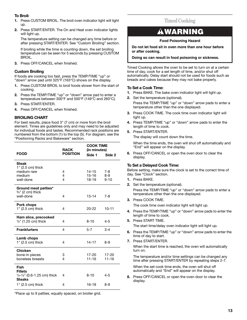 Warning, Timed cooking | Whirlpool 9762358A User Manual | Page 13 / 20