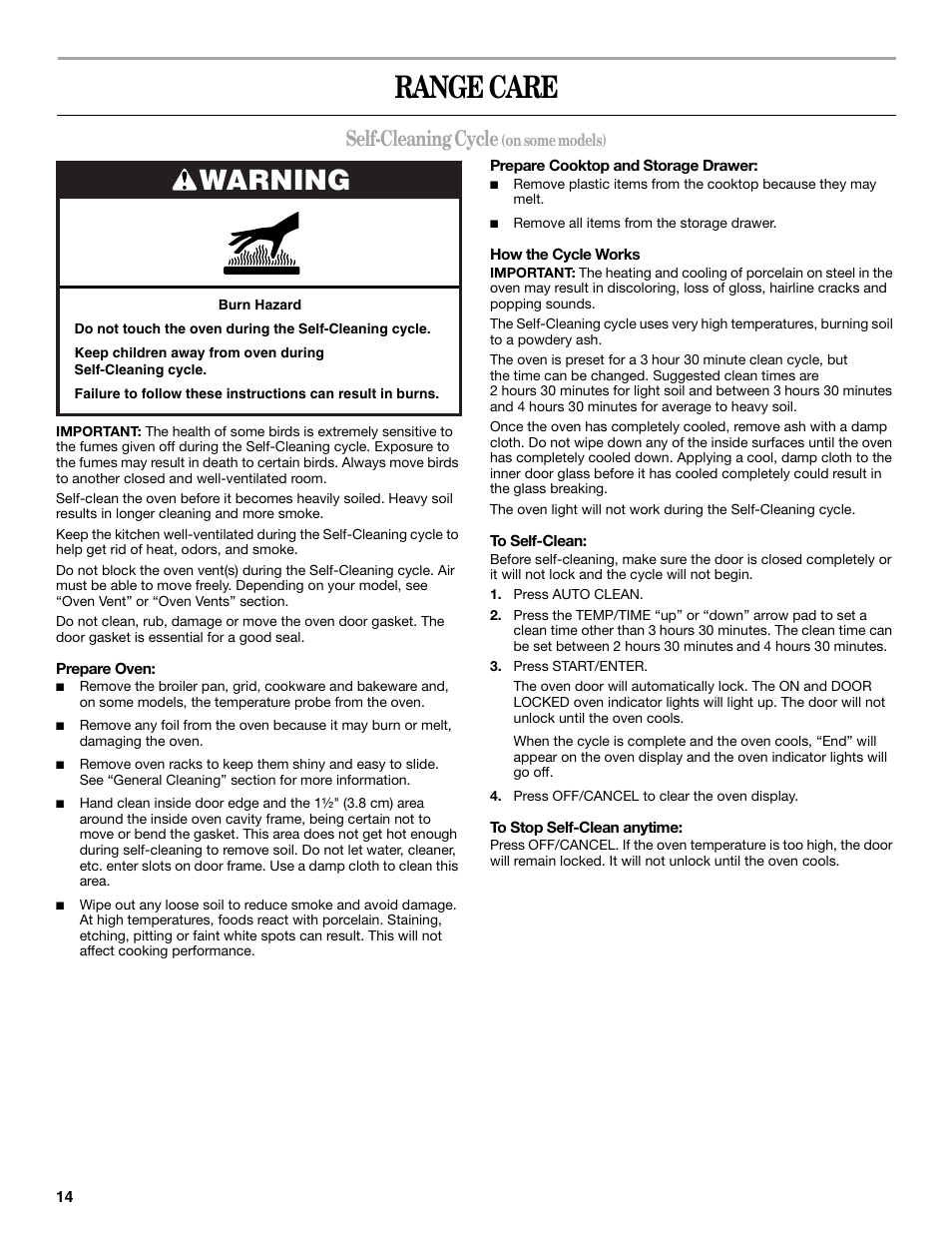Range care, Warning, Self-cleaning cycle | Whirlpool 9762358A User Manual | Page 14 / 20