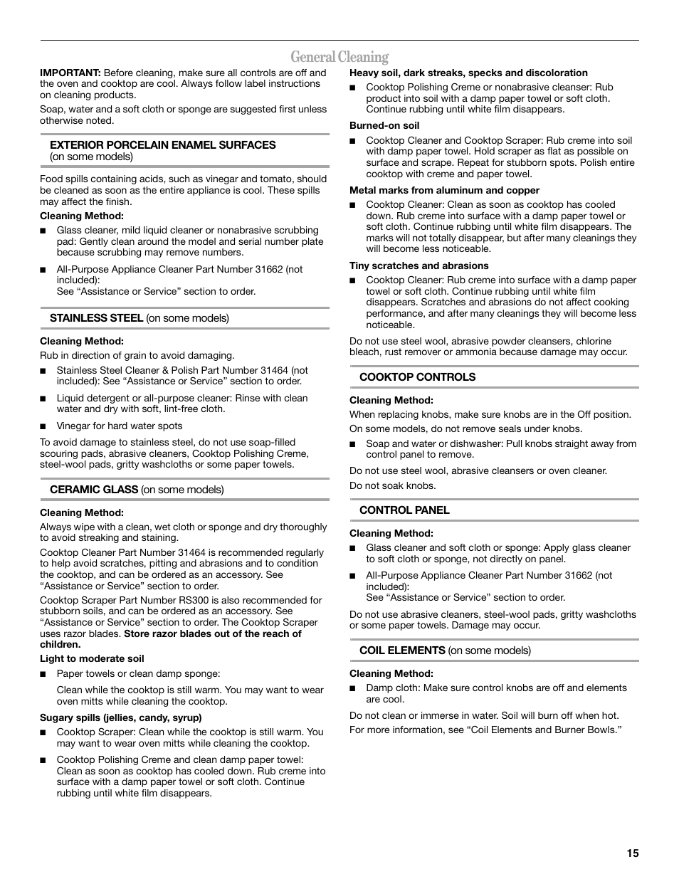 General cleaning | Whirlpool 9762358A User Manual | Page 15 / 20