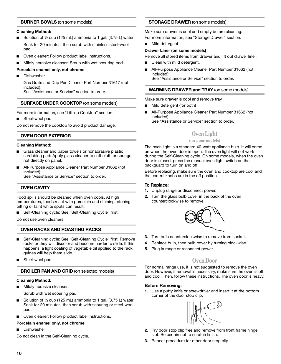 Oven light, Oven door, On some models) | Whirlpool 9762358A User Manual | Page 16 / 20