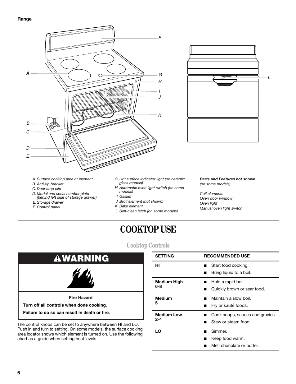Cooktop use, Warning, Cooktop controls | Whirlpool 9762358A User Manual | Page 6 / 20