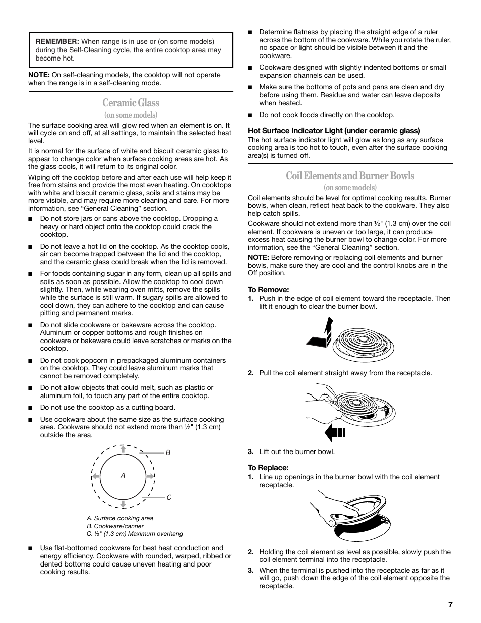 Ceramic glass, Coil elements and burner bowls, On some models) | Whirlpool 9762358A User Manual | Page 7 / 20