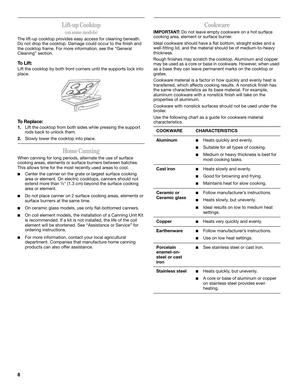 Lift-up cooktop, Home canning, Cookware | On some models) | Whirlpool 9762358A User Manual | Page 8 / 20