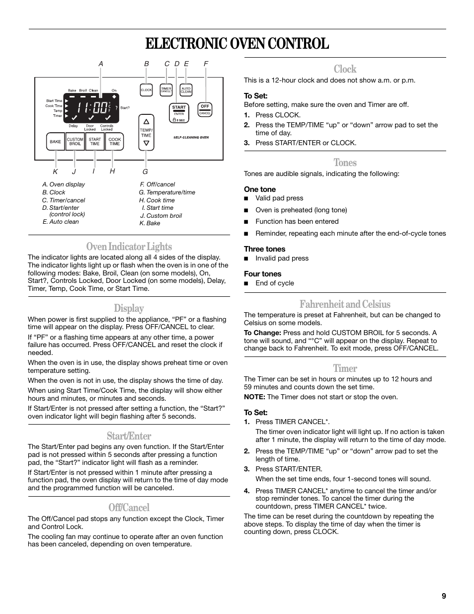Electronic oven control, Oven indicator lights, Display | Start/enter, Off/cancel, Clock, Tones, Fahrenheit and celsius, Timer | Whirlpool 9762358A User Manual | Page 9 / 20