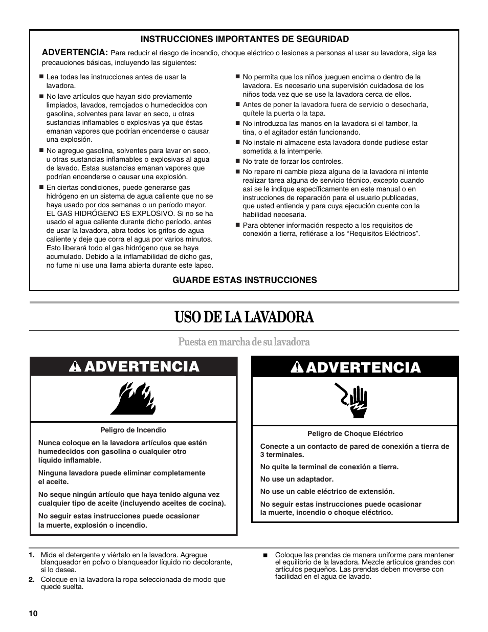 Uso de la lavadora, Advertencia, Puesta en marcha de su lavadora | Whirlpool 2DWTW5305SQ0 User Manual | Page 10 / 16