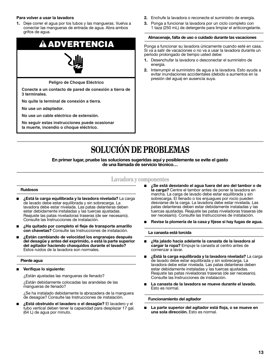 Solución de problemas, Advertencia, Lavadora y componentes | Whirlpool 2DWTW5305SQ0 User Manual | Page 13 / 16