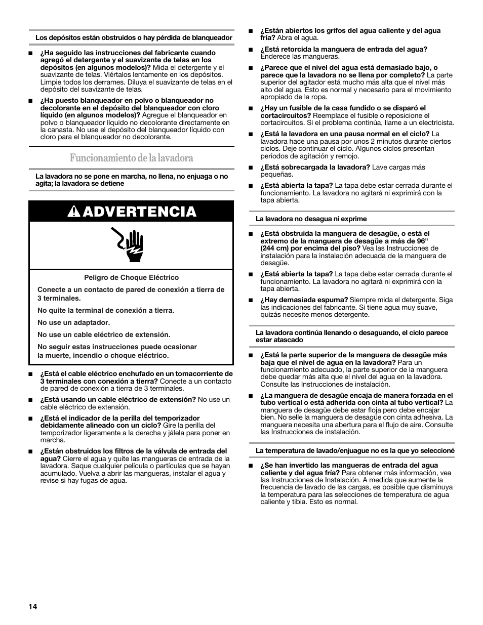 Advertencia, Funcionamiento de la lavadora | Whirlpool 2DWTW5305SQ0 User Manual | Page 14 / 16