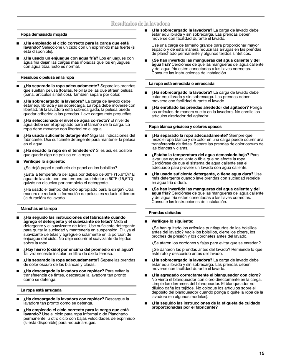 Resultados de la lavadora | Whirlpool 2DWTW5305SQ0 User Manual | Page 15 / 16