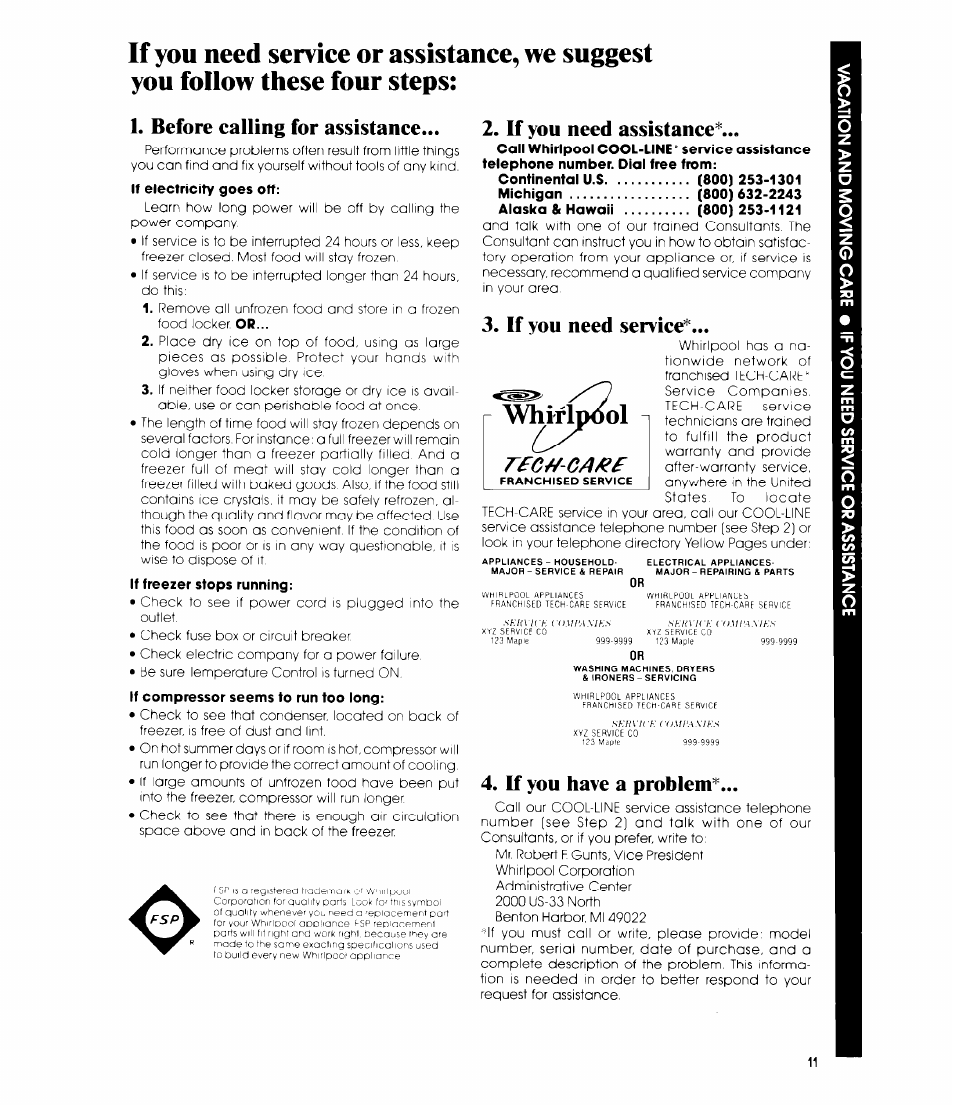Before calling for assistance, If you need assistance, If you need service | If you have a problem, Problem, Whifldôol | Whirlpool EV190F User Manual | Page 11 / 12