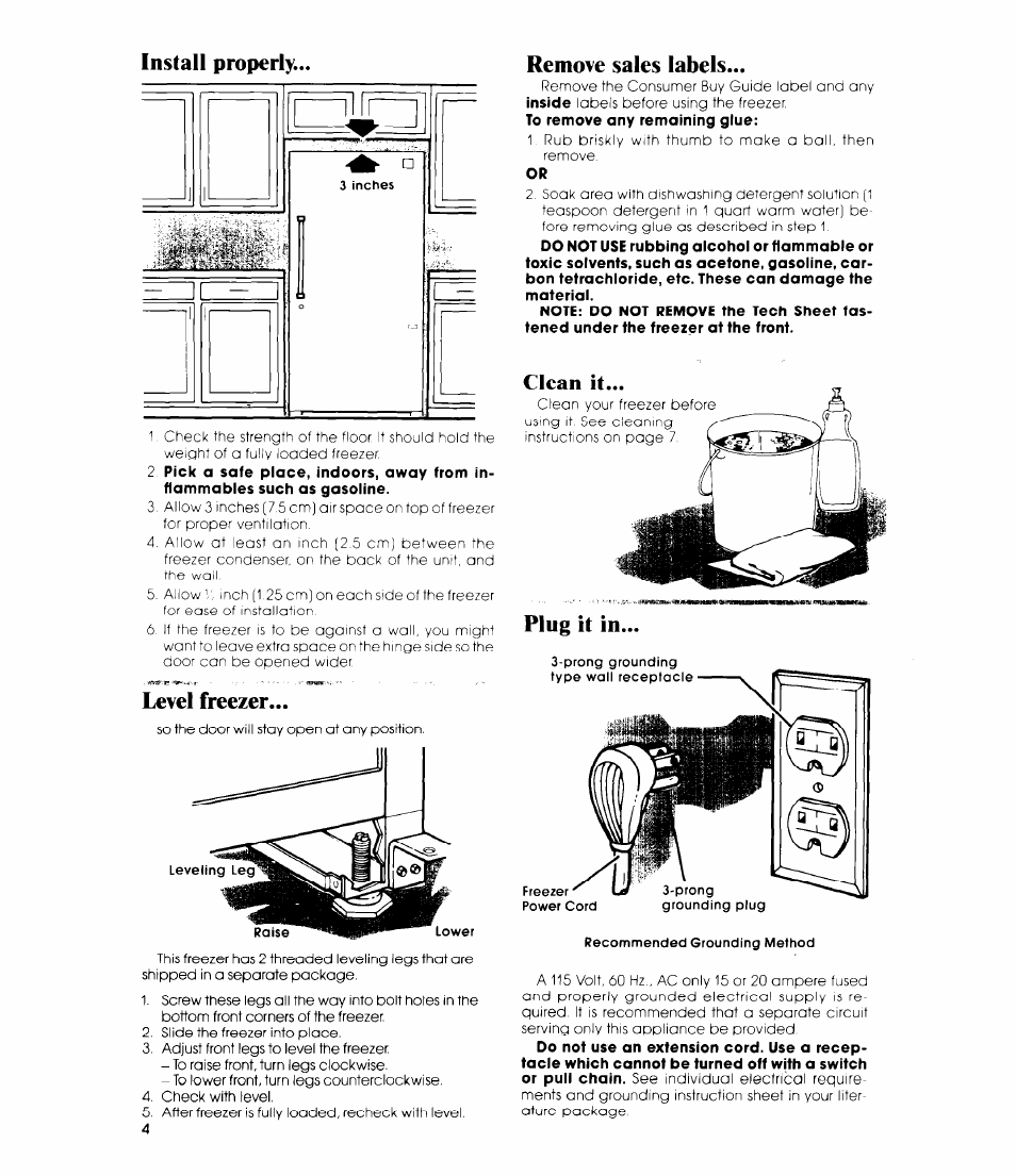 Install properly, Level freezer, Remove sales labels | Plug it in, Install properly level freezer remove sales labels | Whirlpool EV190F User Manual | Page 4 / 12