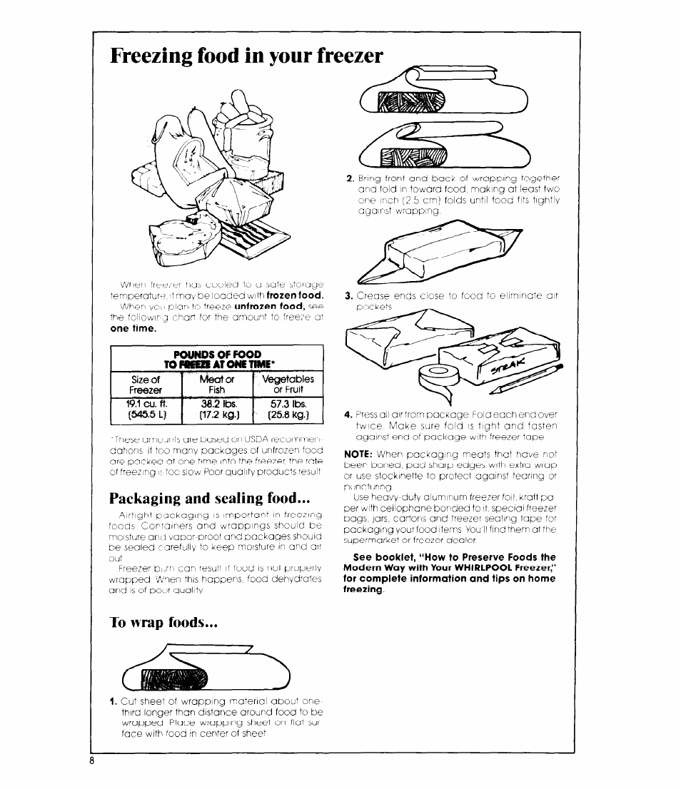 Packaging and sealing food, To wrap foods, Freezing food in your freezer | Pi toi mjnos of food mss at one tome | Whirlpool EV190F User Manual | Page 8 / 12
