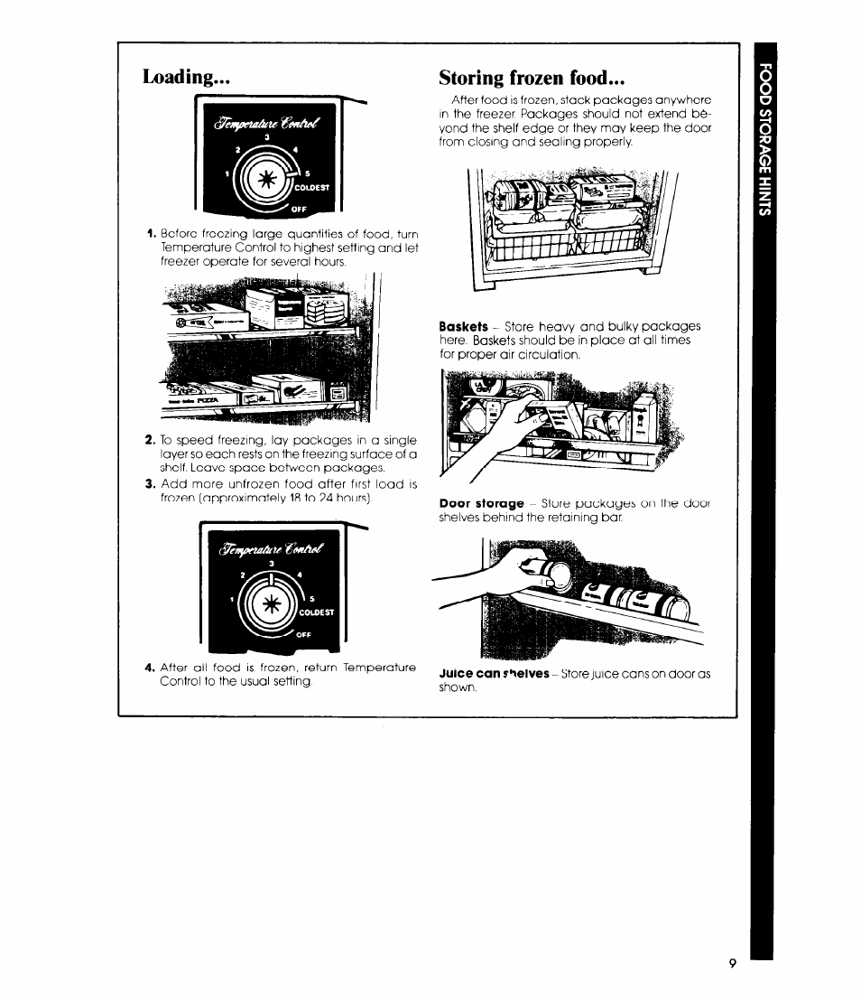 Loading, Storing frozen food, Loading storing frozen food | Whirlpool EV190F User Manual | Page 9 / 12