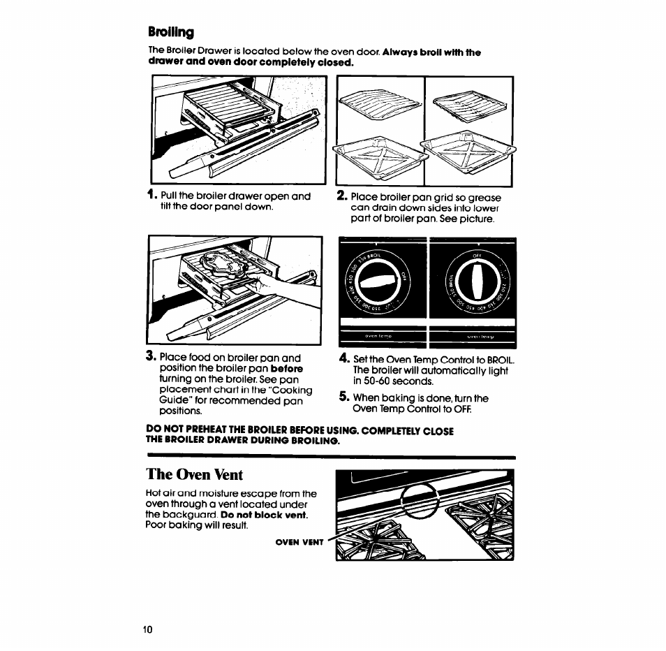 The oven vent, Broiling | Whirlpool SF335ESR/ER User Manual | Page 10 / 24