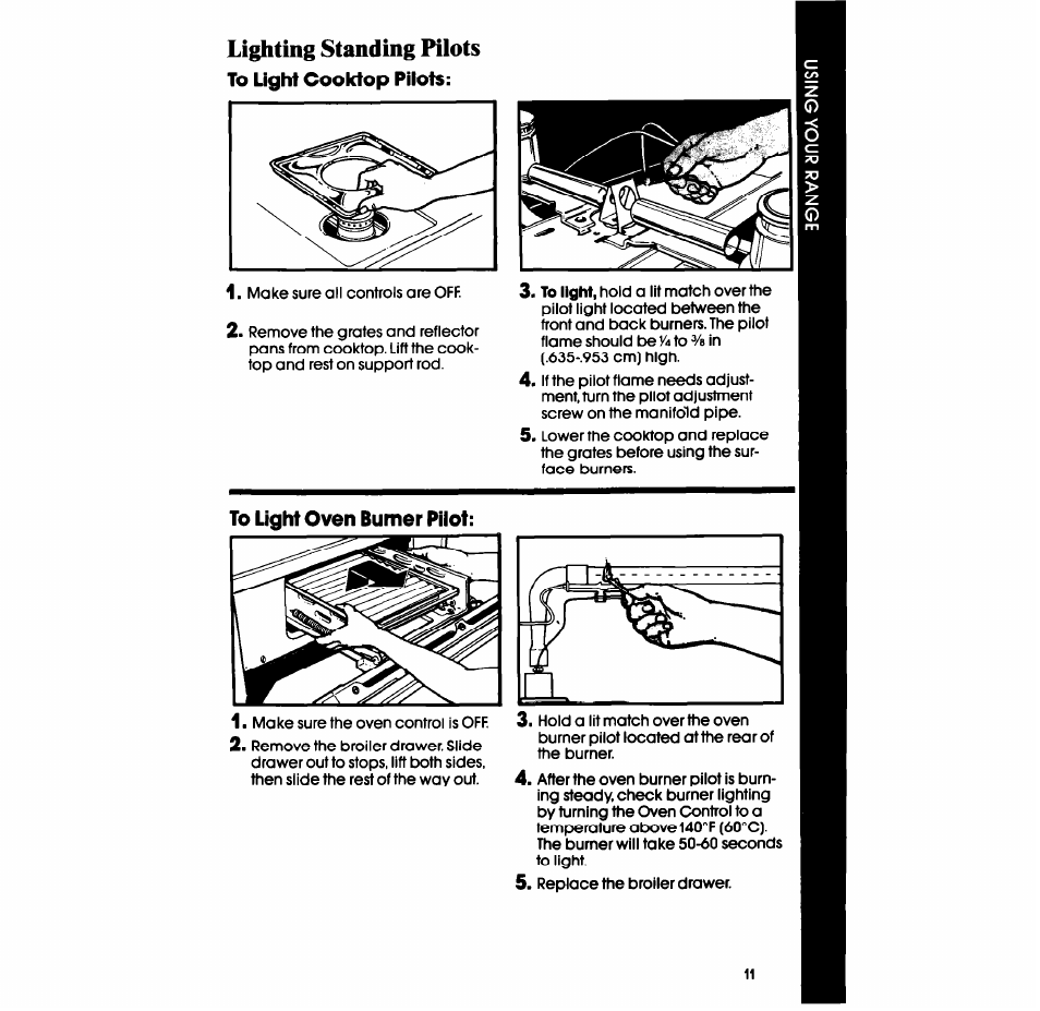 Lighting standing pilots to light cooktop pilots, To light oven burner pilot, Lighting standing pilots | Whirlpool SF335ESR/ER User Manual | Page 11 / 24