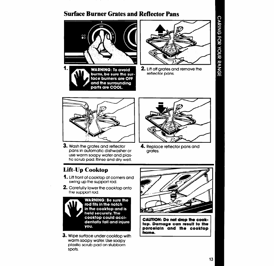 Surface burner grates and reflector pans, Lift-up cooktop | Whirlpool SF335ESR/ER User Manual | Page 13 / 24