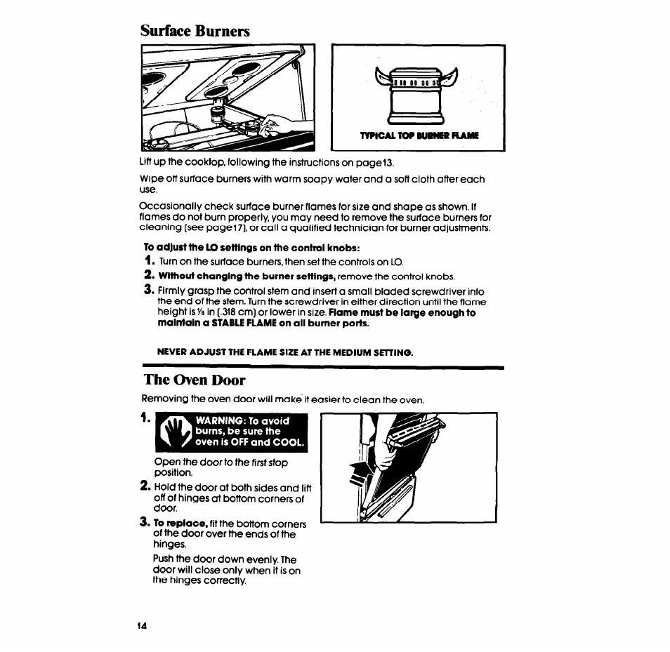 Surface burners, The oven door | Whirlpool SF335ESR/ER User Manual | Page 14 / 24