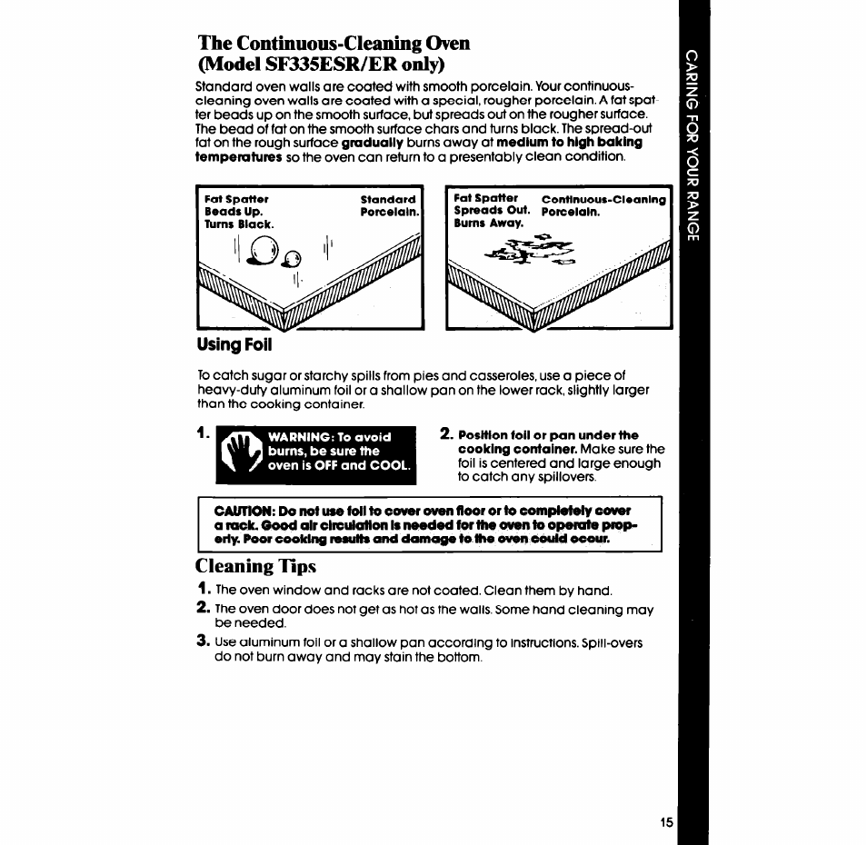 Using foil, Cleaning ups | Whirlpool SF335ESR/ER User Manual | Page 15 / 24