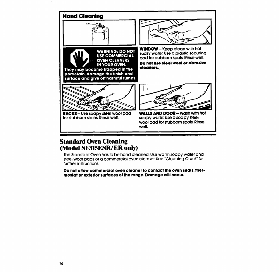 Standard oven cleaning (model sf315esr/er only) | Whirlpool SF335ESR/ER User Manual | Page 16 / 24