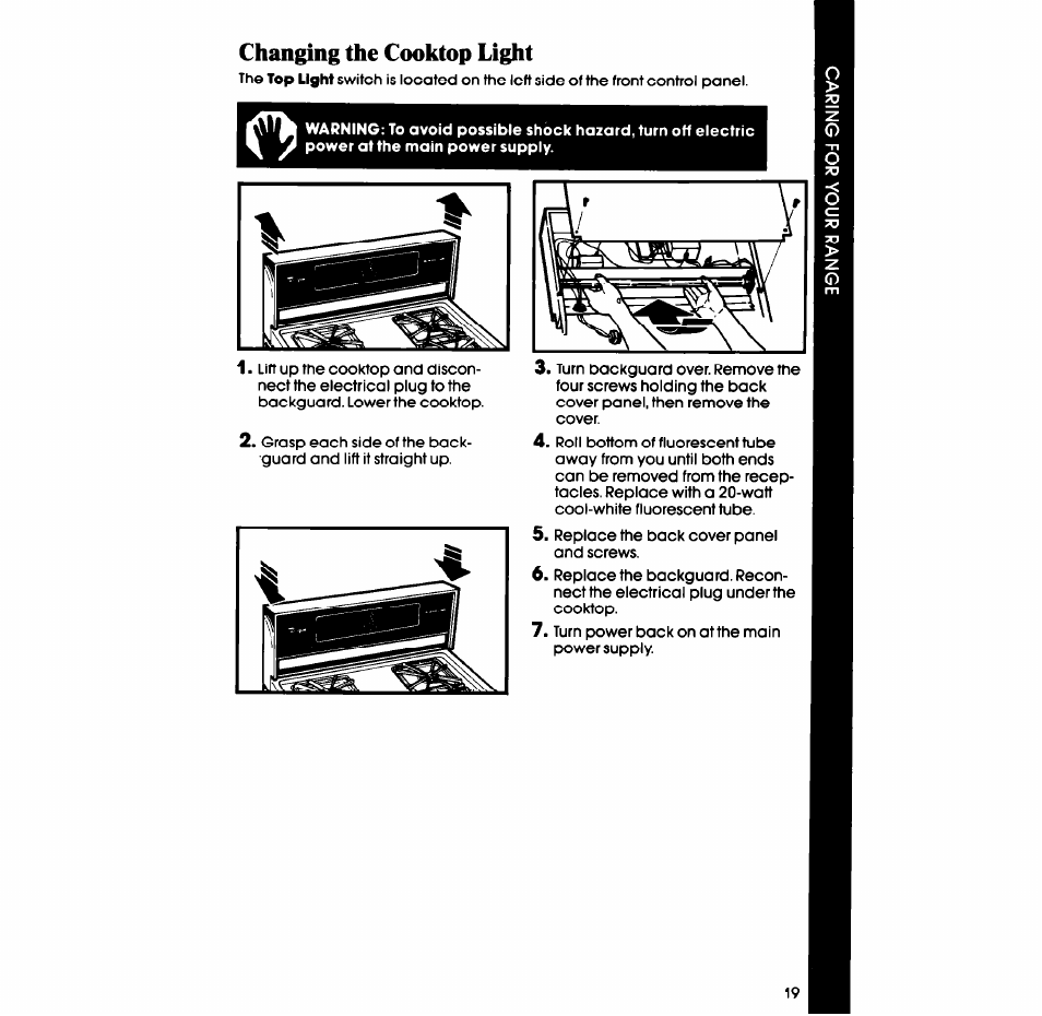 Changing the cooktop light | Whirlpool SF335ESR/ER User Manual | Page 19 / 24