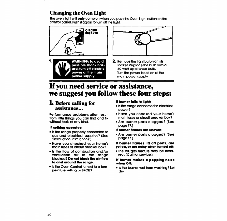 Changing the oven light, L before calling for assistance | Whirlpool SF335ESR/ER User Manual | Page 20 / 24