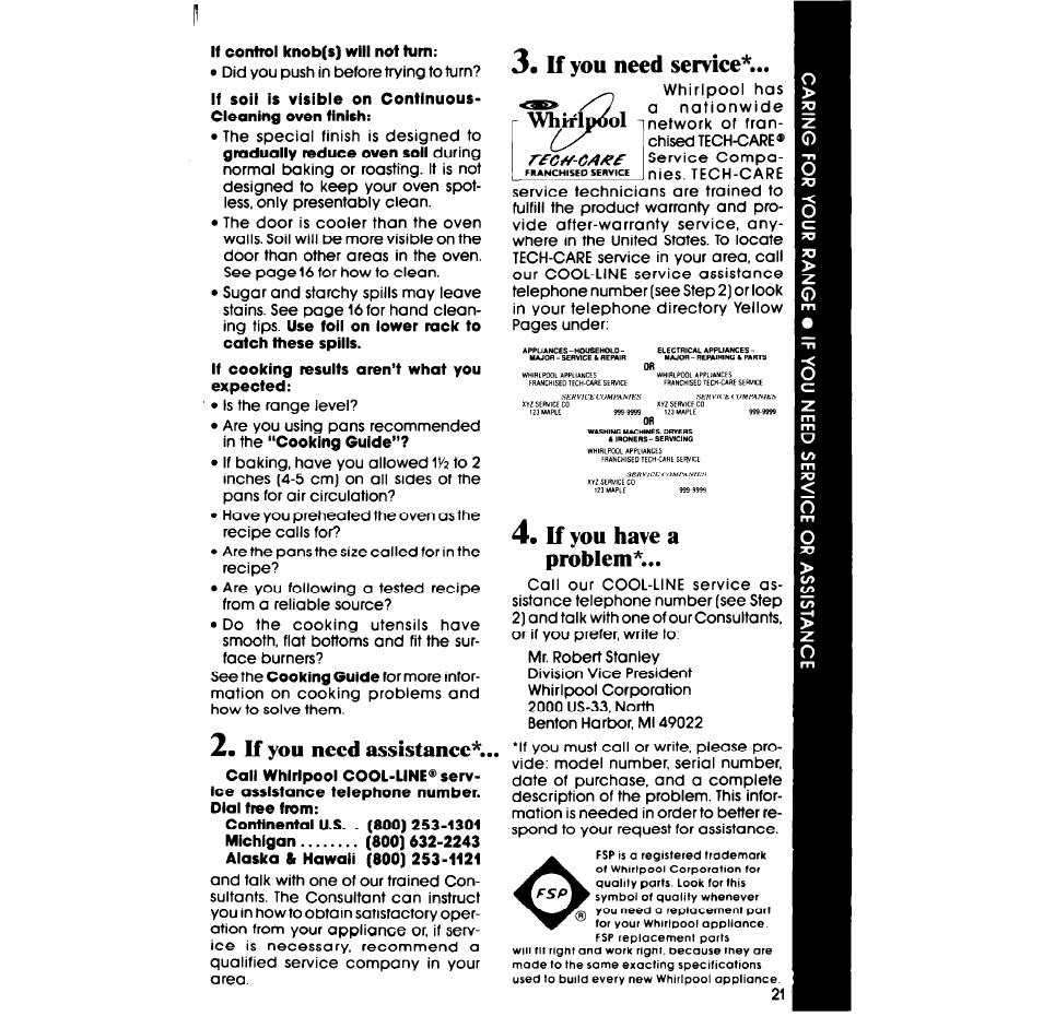 If you need assistance, If you need service, If you have a problem | Whirlpool SF335ESR/ER User Manual | Page 21 / 24