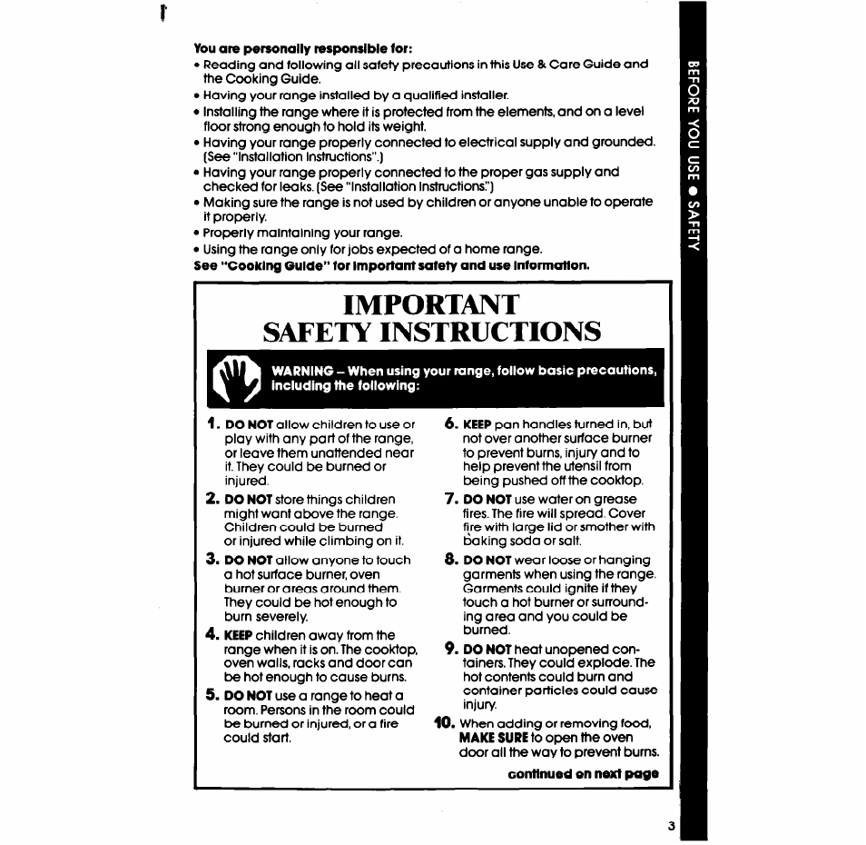 Important safety instructions | Whirlpool SF335ESR/ER User Manual | Page 3 / 24