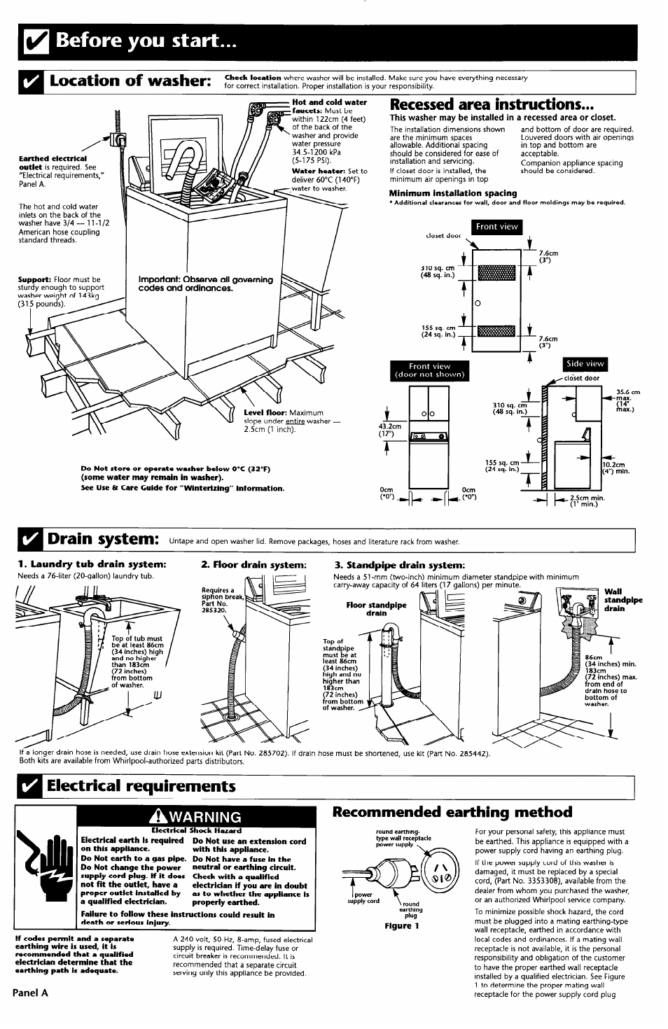 Location of washer, Recessed area instructions, Drain system | Laundry tub drain system, Floor drain system, Standpipe drain system, Electrical requirements, Recommended earthing method, Before you start, Warning | Whirlpool 3948875 User Manual | Page 2 / 5