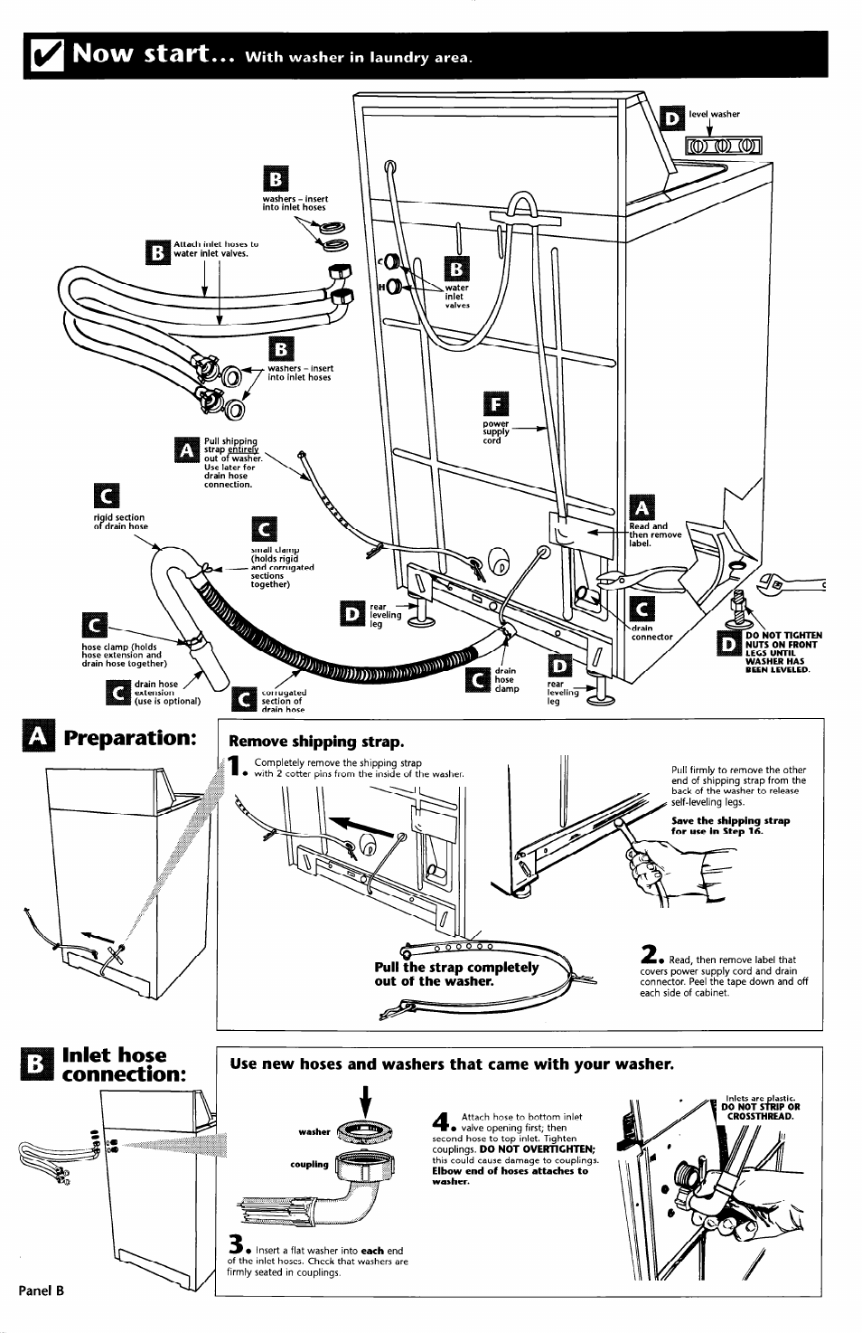 Now start... with washer in laundry area, Preparation, Inlet hose connection | Now start, Preparation: inlet hose connection | Whirlpool 3948875 User Manual | Page 3 / 5