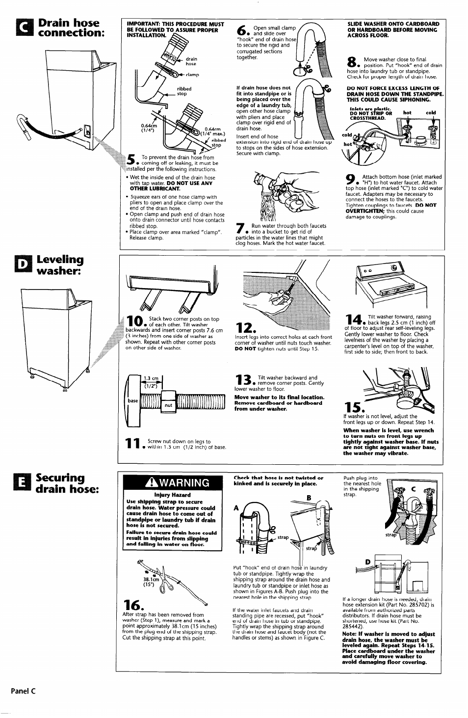 Leveling, Washer, Securing drain hose | Warning, Jly’hi | Whirlpool 3948875 User Manual | Page 4 / 5