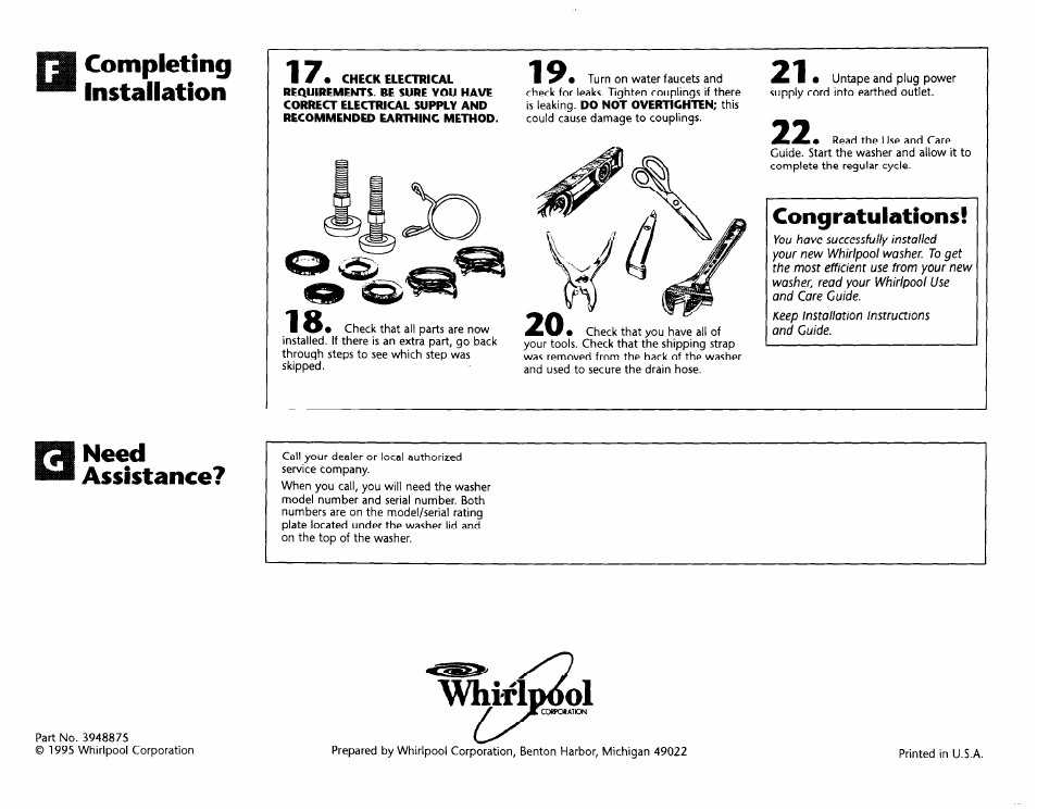Completing, Installation, Congratulations | Need, Assistance, Completing installation, Need assistance, Avhiridvol | Whirlpool 3948875 User Manual | Page 5 / 5