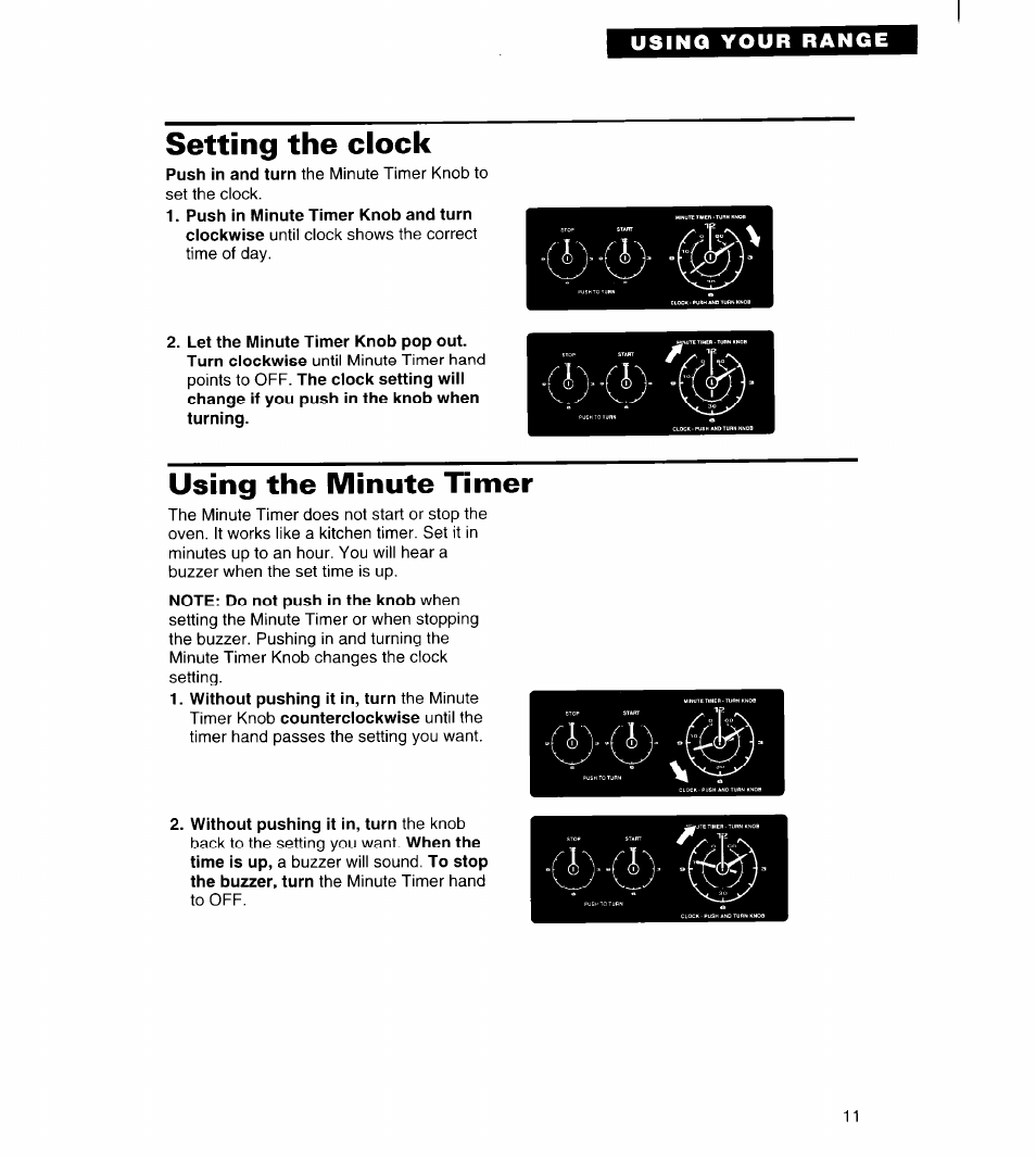 Setting the clock, Using the minute timer | Whirlpool FGS385B User Manual | Page 11 / 32