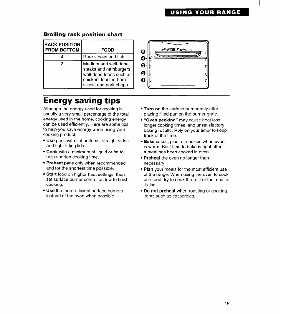 Broiling rack position chart, Energy saving tips, Using your range | Whirlpool FGS385B User Manual | Page 15 / 32